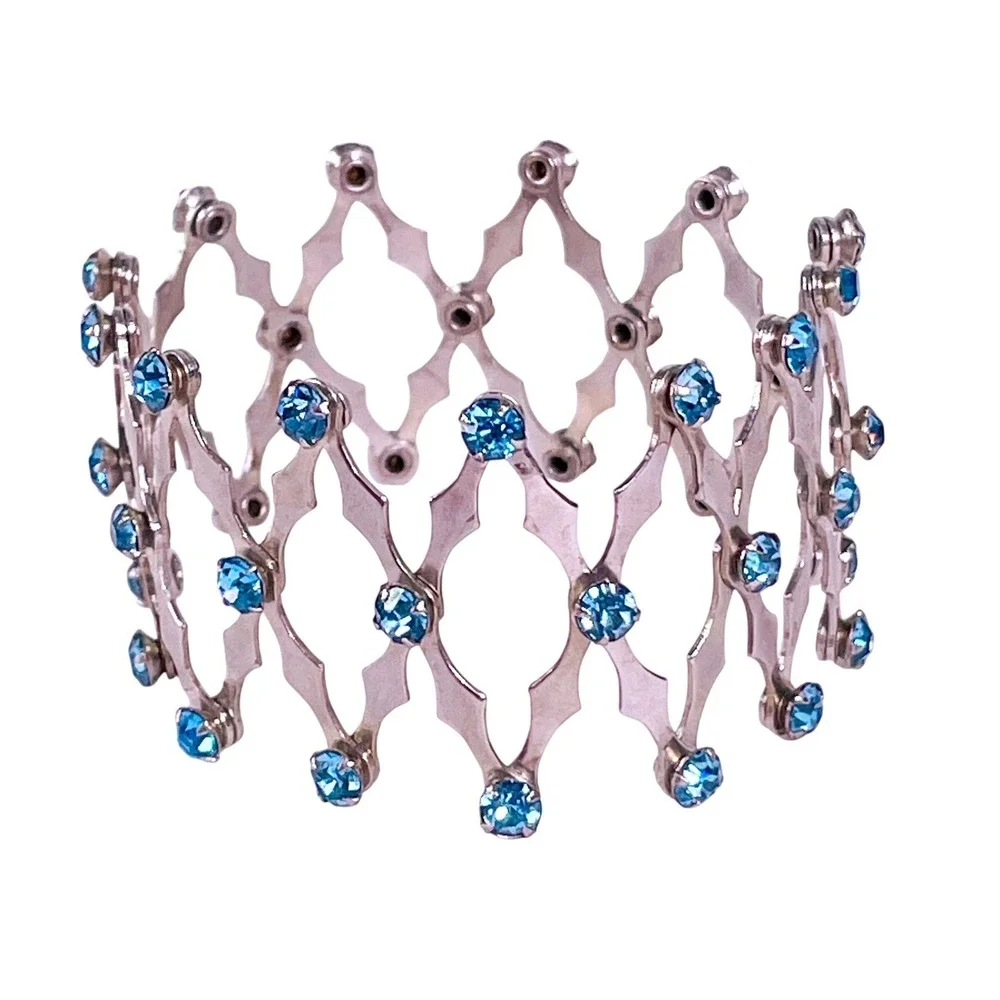 Vintage 1950s Expandable Chignon Hair Bun Cage‎ Silver Tone Blue Rhinestones